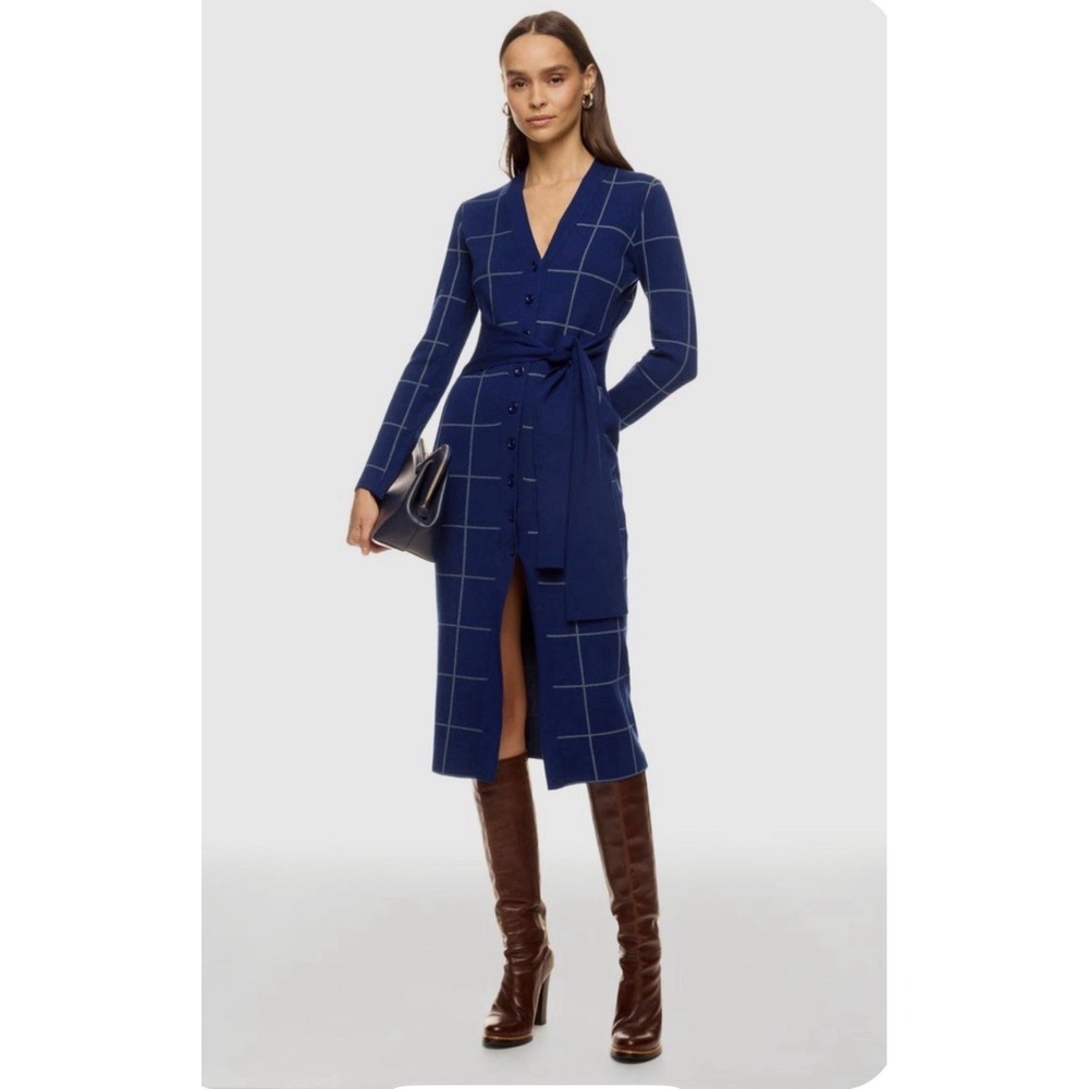 Toccin Jelena Windowpane Cardigan Dress Blue White Knit Midi V-Neck Size Small